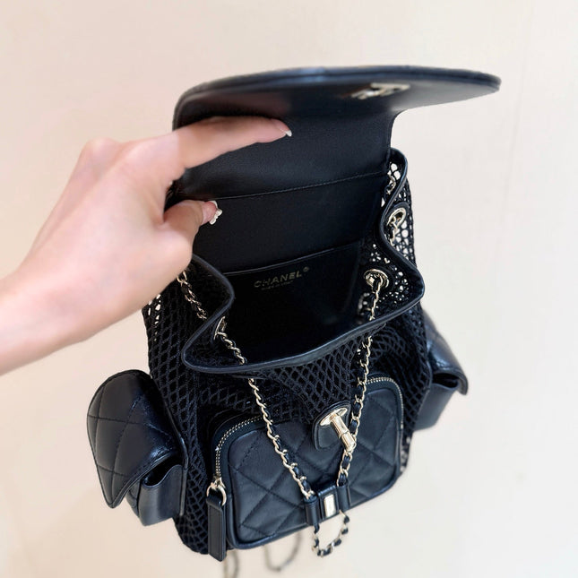 MESH DRAWSTRING BACKPACK 25 IN BLACK CALFSKIN GOLD-TONE METAL