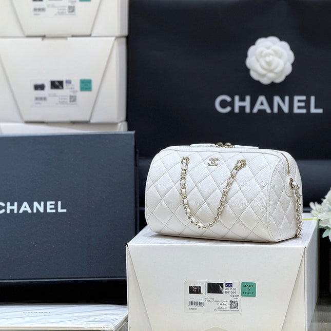 CHANEL 25S MINI BOWLING BAG 18 IN WHITE CALFSKIN GOLD HARDWARE