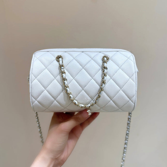 CHANEL 25S MINI BOWLING BAG 18 IN WHITE CALFSKIN GOLD HARDWARE