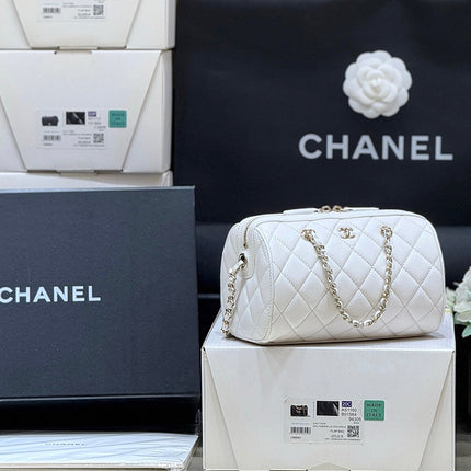 CHANEL 25S MINI BOWLING BAG 18 IN WHITE CALFSKIN GOLD HARDWARE