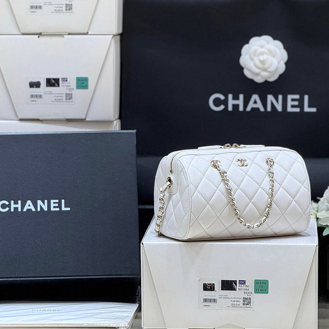 CHANEL 25S MINI BOWLING BAG 18 IN WHITE CALFSKIN GOLD HARDWARE