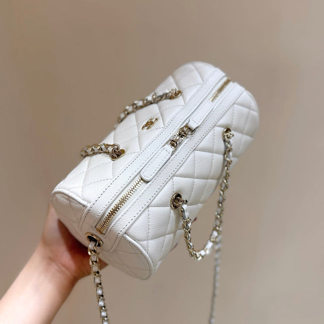 CHANEL 25S MINI BOWLING BAG 18 IN WHITE CALFSKIN GOLD HARDWARE