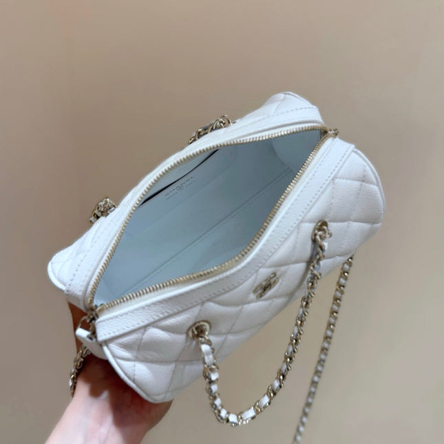 CHANEL 25S MINI BOWLING BAG 18 IN WHITE CALFSKIN GOLD HARDWARE