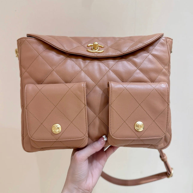 CHANEL 25S HIPPIE HOBO POSTMAN BAG 30 IN WARM TAUPE CALFSKIN GOLD HARDWARE
