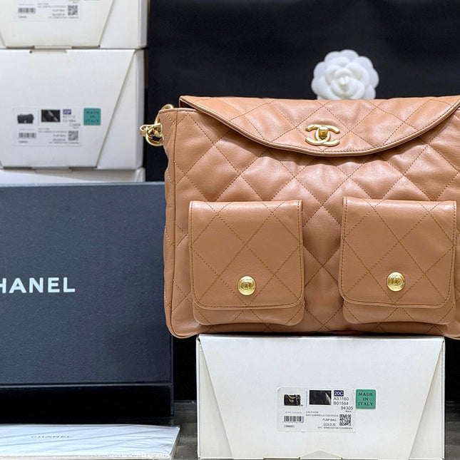 CHANEL 25S HIPPIE HOBO POSTMAN BAG 30 IN WARM TAUPE CALFSKIN GOLD HARDWARE