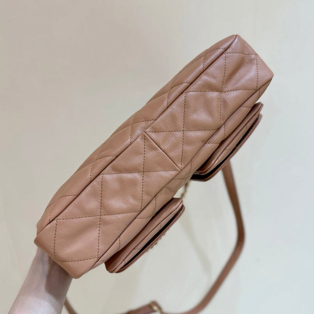 CHANEL 25S HIPPIE HOBO POSTMAN BAG 30 IN WARM TAUPE CALFSKIN GOLD HARDWARE