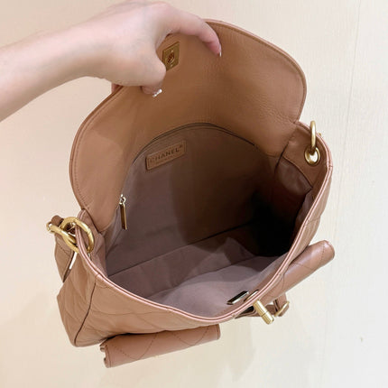CHANEL 25S HIPPIE HOBO POSTMAN BAG 30 IN WARM TAUPE CALFSKIN GOLD HARDWARE