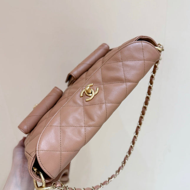 CHANEL 25S HIPPIE HOBO POSTMAN BAG 30 IN WARM TAUPE CALFSKIN GOLD HARDWARE