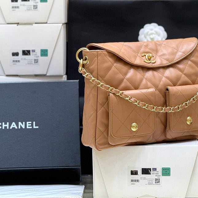 CHANEL 25S HIPPIE HOBO POSTMAN BAG 30 IN WARM TAUPE CALFSKIN GOLD HARDWARE