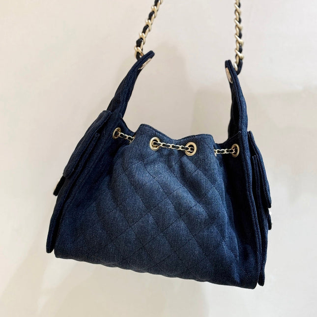 CC 25 HANDBAG 30 IN DARK BLUE DENIM GOLD HARDWARE