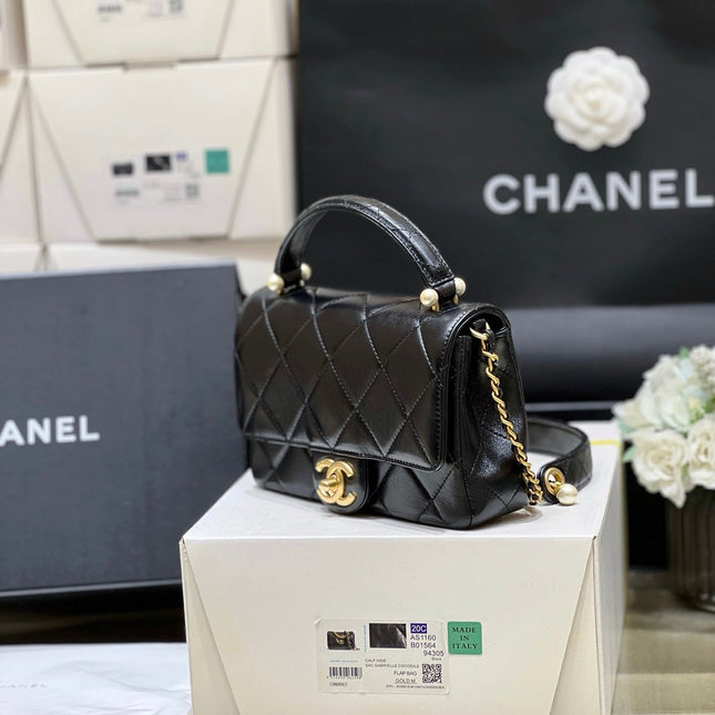 PEARL LIMITED EDITION FLAP BAG WITH HANDLE 20 IN BLACK LAMBSKIN