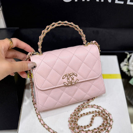 QUILTED FLAP BAG WITH HANDLE 18 IN BABY PINK LAMBSKIN GOLD HARDWARE