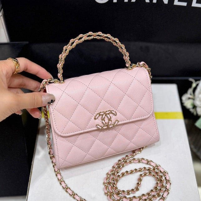QUILTED FLAP BAG WITH HANDLE 18 IN BABY PINK LAMBSKIN GOLD HARDWARE