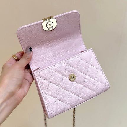 QUILTED FLAP BAG WITH HANDLE 18 IN BABY PINK LAMBSKIN GOLD HARDWARE