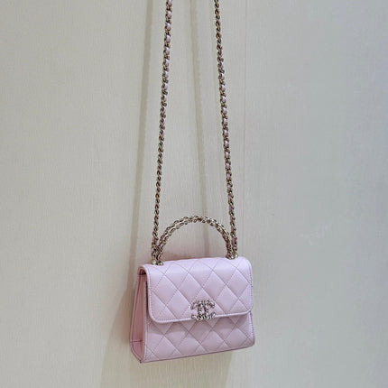 QUILTED FLAP BAG WITH HANDLE 18 IN BABY PINK LAMBSKIN GOLD HARDWARE