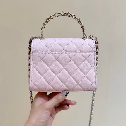 QUILTED FLAP BAG WITH HANDLE 18 IN BABY PINK LAMBSKIN GOLD HARDWARE