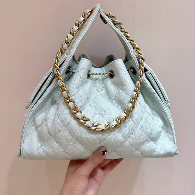 CHANEL 25S HANDBAG IN PALE CYAN 30 CALFSKIN GOLD HARDWARE