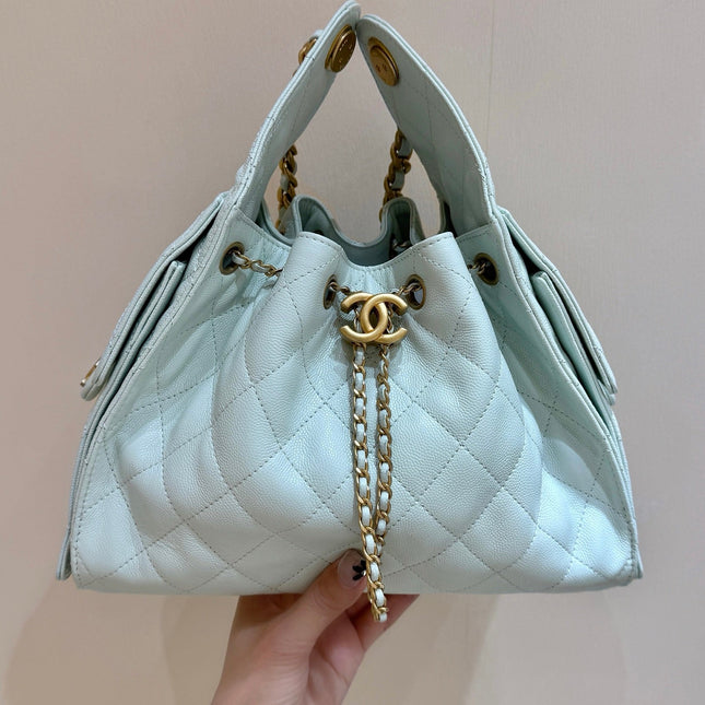 CHANEL 25S HANDBAG IN PALE CYAN 30 CALFSKIN GOLD HARDWARE