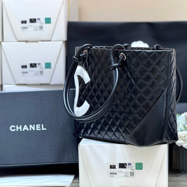 CHANEL 25S CAMBON LIGNE TOTE BAG 30 IN BLACK AND WHITE LAMBSKIN