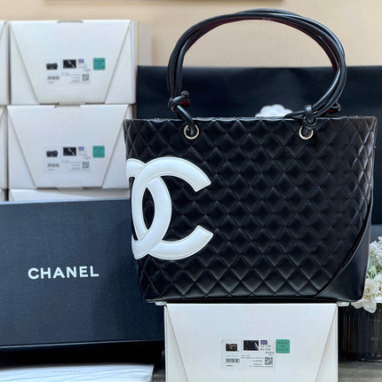 CHANEL 25S CAMBON LIGNE TOTE BAG 30 IN BLACK AND WHITE LAMBSKIN