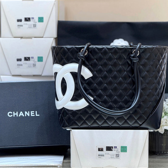 CHANEL 25S CAMBON LIGNE TOTE BAG 30 IN BLACK AND WHITE LAMBSKIN