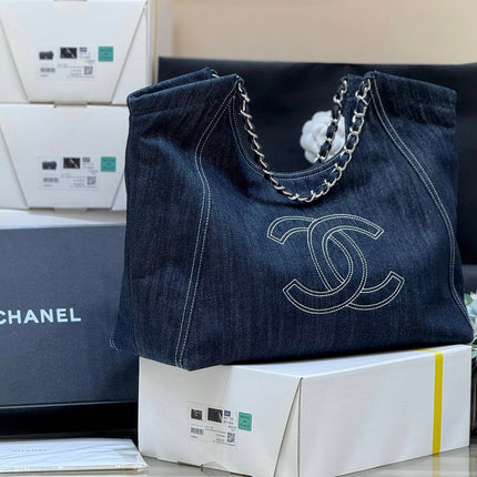 CHANEL 25S VINTEGA DENIM TOTE BAG 48 IN BLUE DENIM SILVER HARDWARE