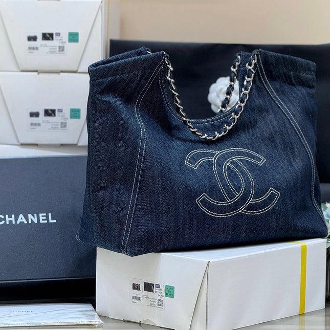 CHANEL 25S VINTEGA DENIM TOTE BAG 48 IN BLUE DENIM SILVER HARDWARE