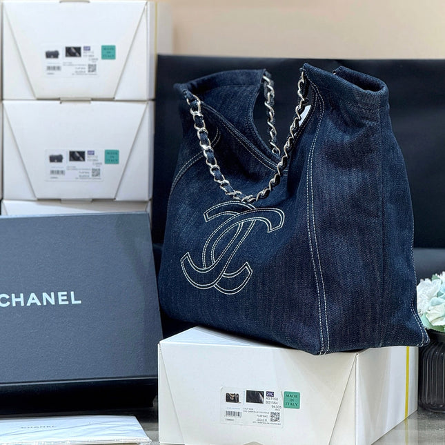 CHANEL 25S VINTEGA DENIM TOTE BAG 48 IN BLUE DENIM SILVER HARDWARE