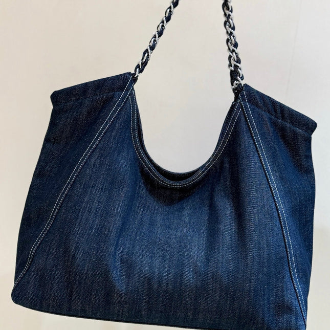 CHANEL 25S VINTEGA DENIM TOTE BAG 48 IN BLUE DENIM SILVER HARDWARE
