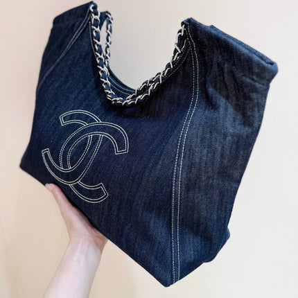 CHANEL 25S VINTEGA DENIM TOTE BAG 48 IN BLUE DENIM SILVER HARDWARE
