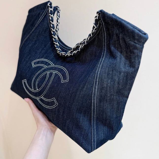 CHANEL 25S VINTEGA DENIM TOTE BAG 48 IN BLUE DENIM SILVER HARDWARE