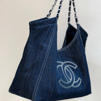CHANEL 25S VINTEGA DENIM TOTE BAG 48 IN BLUE DENIM SILVER HARDWARE