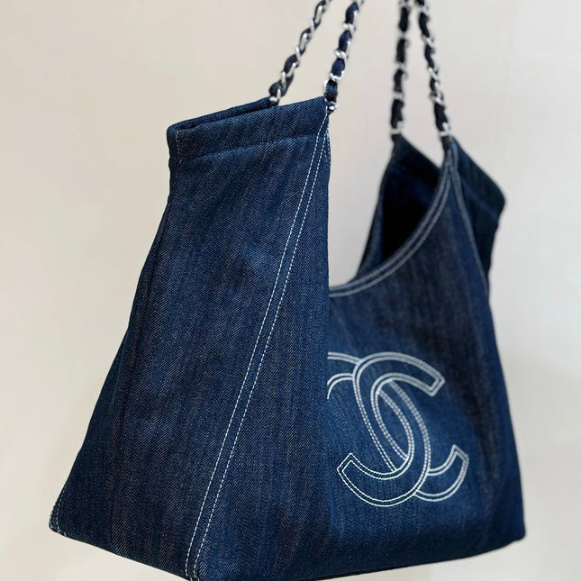 CHANEL 25S VINTEGA DENIM TOTE BAG 48 IN BLUE DENIM SILVER HARDWARE