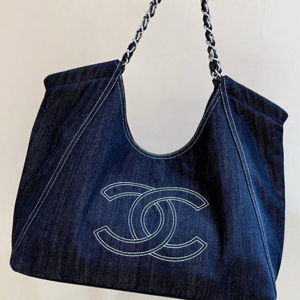 CHANEL 25S VINTEGA DENIM TOTE BAG 48 IN BLUE DENIM SILVER HARDWARE