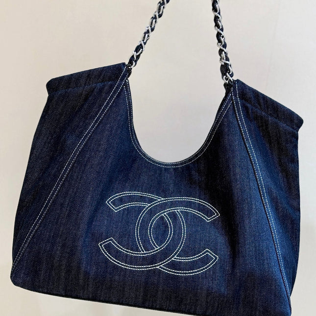 CHANEL 25S VINTEGA DENIM TOTE BAG 48 IN BLUE DENIM SILVER HARDWARE