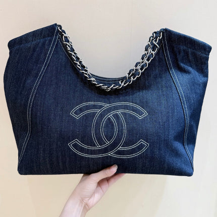 CHANEL 25S VINTEGA DENIM TOTE BAG 48 IN BLUE DENIM SILVER HARDWARE