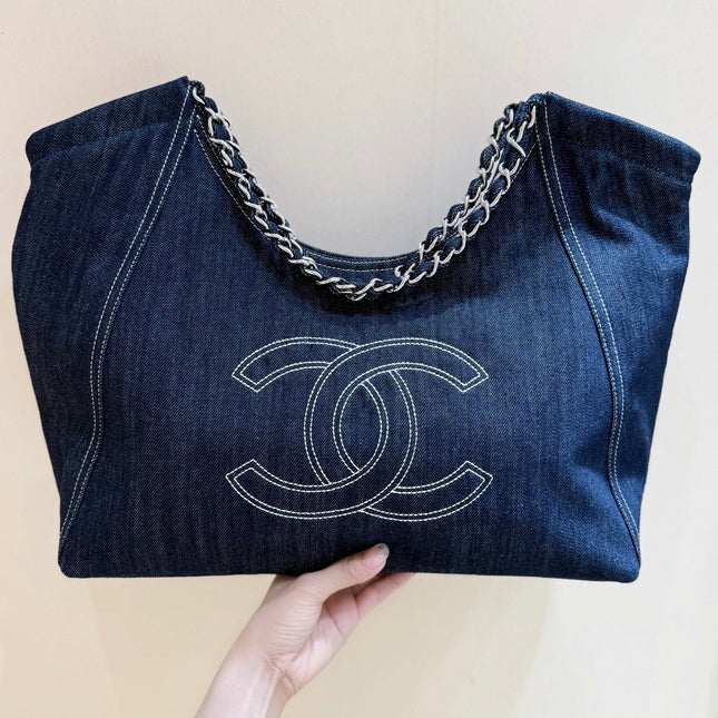 CHANEL 25S VINTEGA DENIM TOTE BAG 48 IN BLUE DENIM SILVER HARDWARE