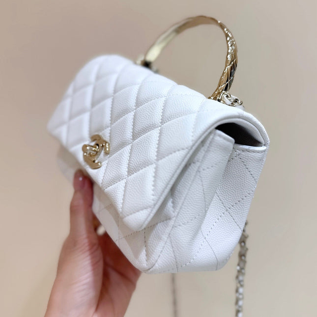 CHANEL 25S COCO CRUSH HANDLE 18 IN WHITE CALFSKIN GOLD HARDWARE