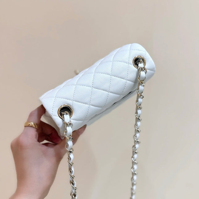 CHANEL 25S MINI SQUARE FLAP BAG 17 IN WHITE CALFSKIN CAVIAR GOLD HARDWARE