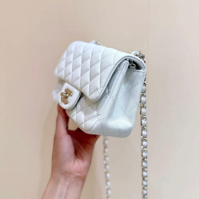 CHANEL 25S MINI SQUARE FLAP BAG 17 IN WHITE CALFSKIN CAVIAR GOLD HARDWARE