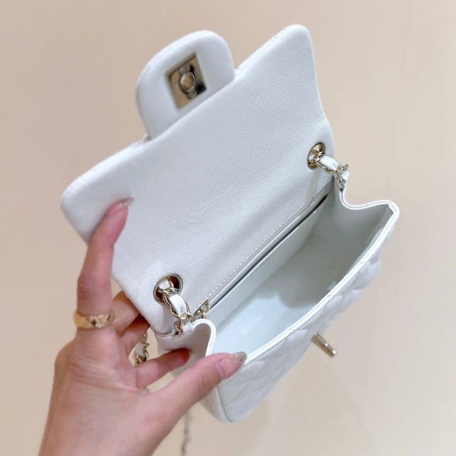 CHANEL 25S MINI SQUARE FLAP BAG 17 IN WHITE CALFSKIN CAVIAR GOLD HARDWARE