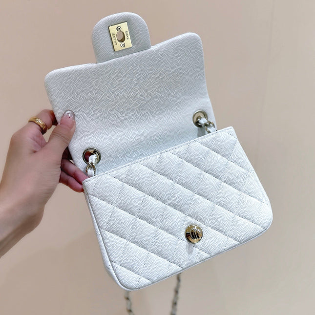 CHANEL 25S MINI SQUARE FLAP BAG 17 IN WHITE CALFSKIN CAVIAR GOLD HARDWARE