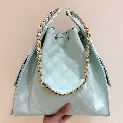 CHANEL 25S HANDBAG IN PALE CYAN 40 GRAINED CALFSKIN GOLD HARDWARE