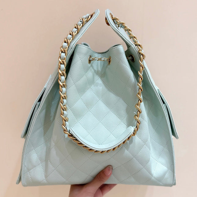 CHANEL 25S HANDBAG IN PALE CYAN 40 GRAINED CALFSKIN GOLD HARDWARE