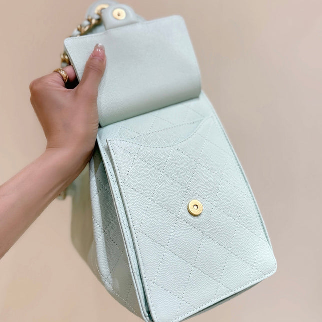 CHANEL 25S HANDBAG IN PALE CYAN 40 GRAINED CALFSKIN GOLD HARDWARE