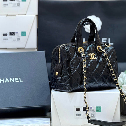 CHANEL 25S SMALL BOWLING BAG 21 IN BLACK CALFSKIN GOLD HARDWARE