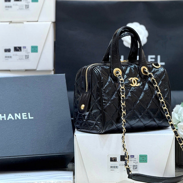 CHANEL 25S SMALL BOWLING BAG 21 IN BLACK CALFSKIN GOLD HARDWARE
