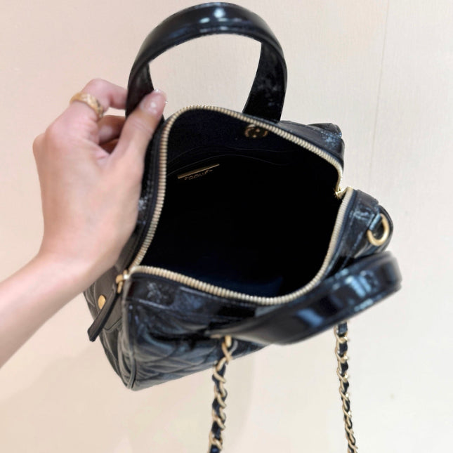 CHANEL 25S SMALL BOWLING BAG 21 IN BLACK CALFSKIN GOLD HARDWARE