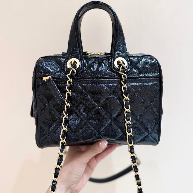 CHANEL 25S SMALL BOWLING BAG 21 IN BLACK CALFSKIN GOLD HARDWARE