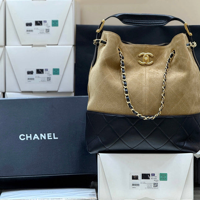 CHANEL 25S SHOPPING BAG 33 IN BROWN AND BLACK SUEDE CALFSKIN